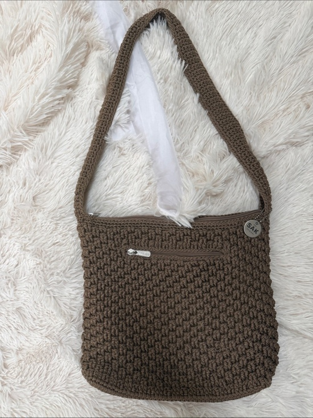 The Sak Boho Brown Crochet Shoulder Bag with Front Zip Pocket NWOT